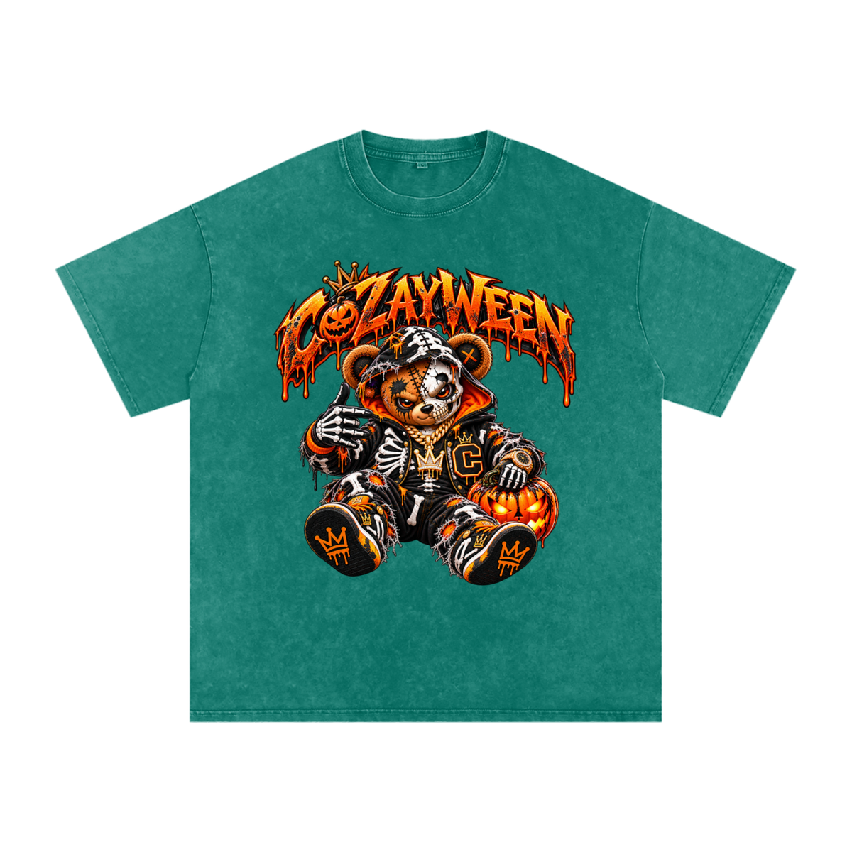 CoZayWeen Skeleton Snow Washed Oversized Cotton T-Shirt