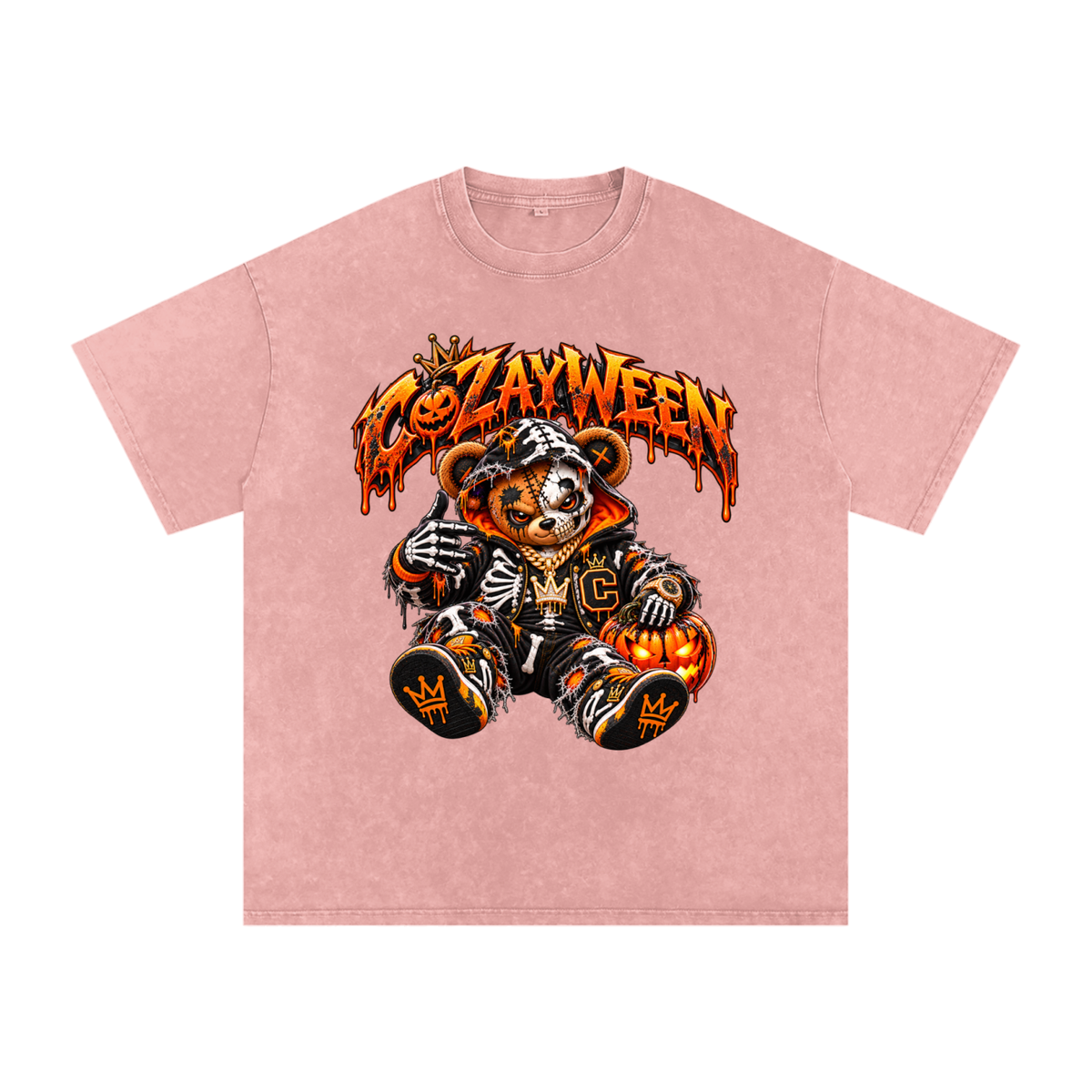 CoZayWeen Skeleton Snow Washed Oversized Cotton T-Shirt