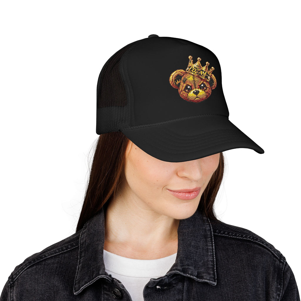 Crowned Teddy Bear Trucker Hat — Gold Sequin Bear Foam Cap