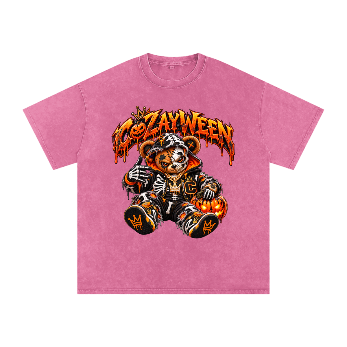 CoZayWeen Skeleton Snow Washed Oversized Cotton T-Shirt