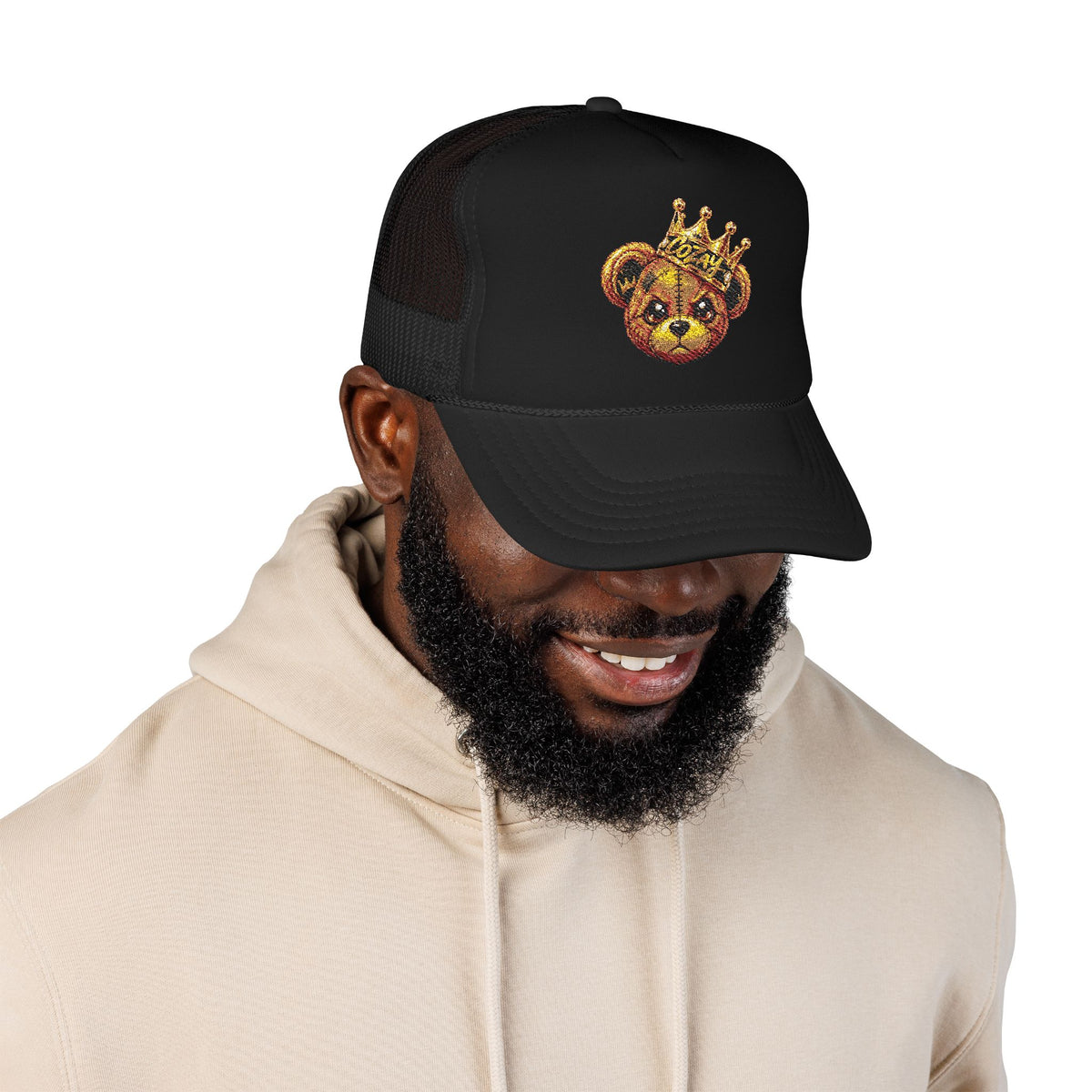 Crowned Teddy Bear Trucker Hat — Gold Sequin Bear Foam Cap