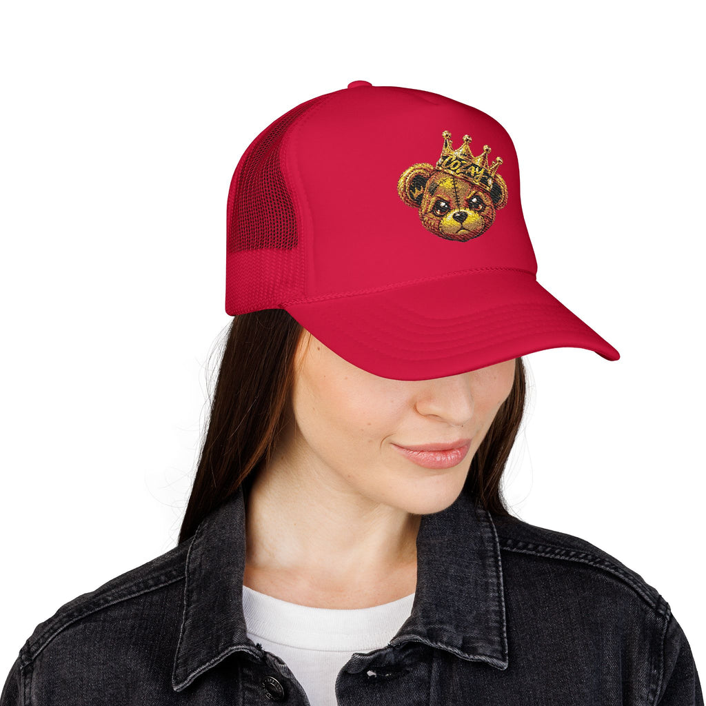 Crowned Teddy Bear Trucker Hat — Gold Sequin Bear Foam Cap