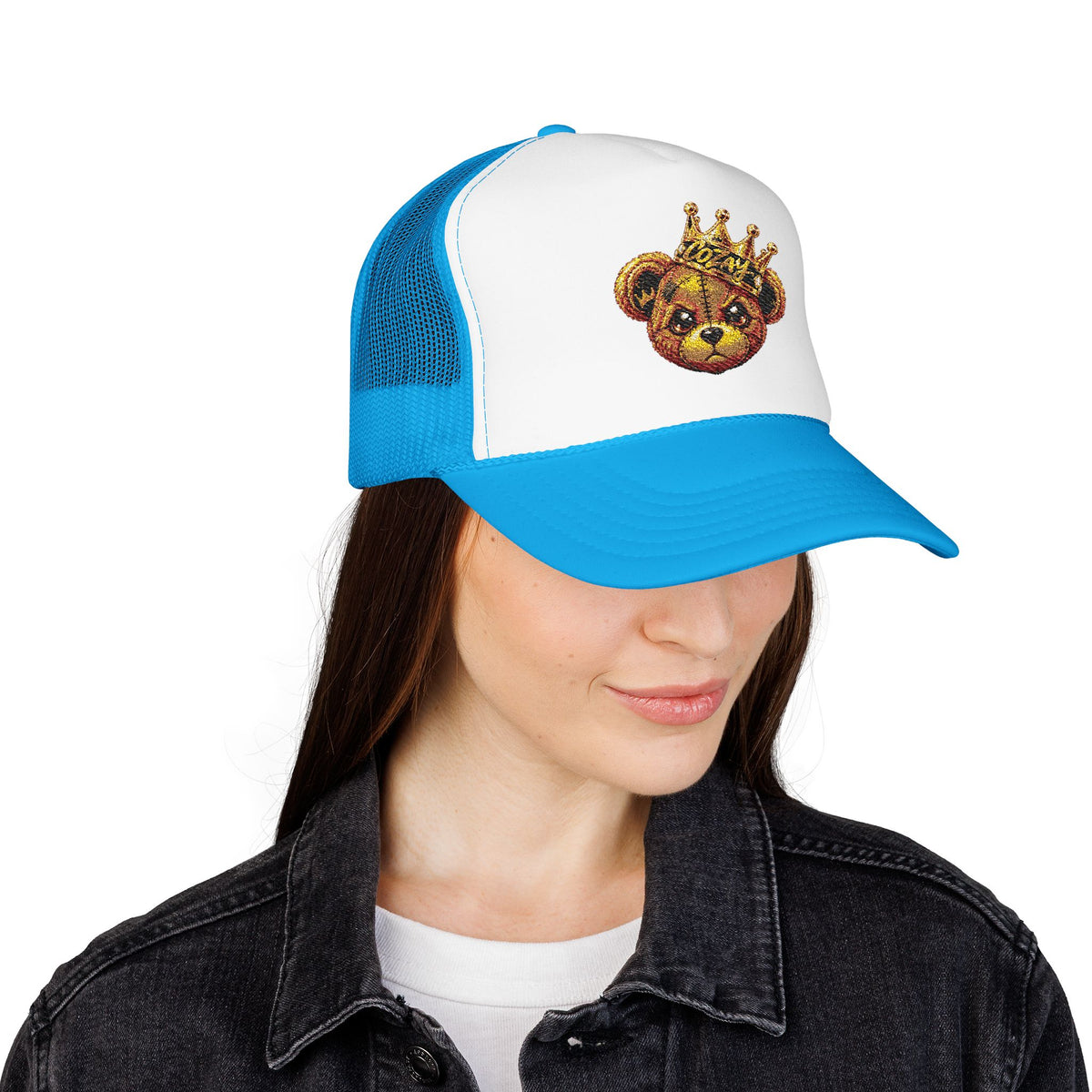 Crowned Teddy Bear Trucker Hat — Gold Sequin Bear Foam Cap