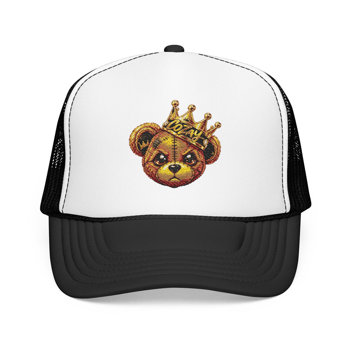 Crowned Teddy Bear Trucker Hat — Gold Sequin Bear Foam Cap