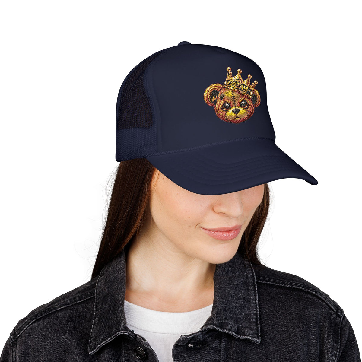 Crowned Teddy Bear Trucker Hat — Gold Sequin Bear Foam Cap