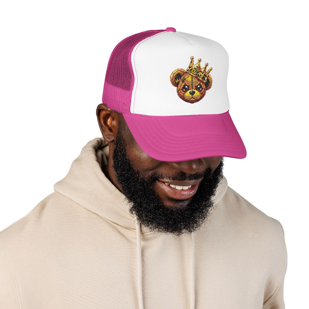 Crowned Teddy Bear Trucker Hat — Gold Sequin Bear Foam Cap