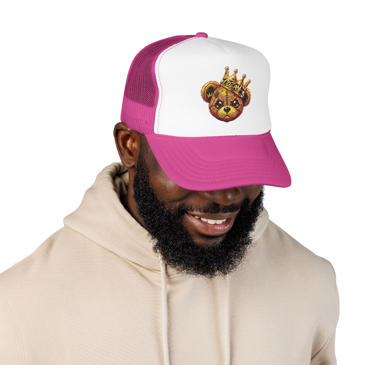 Crowned Teddy Bear Trucker Hat — Gold Sequin Bear Foam Cap