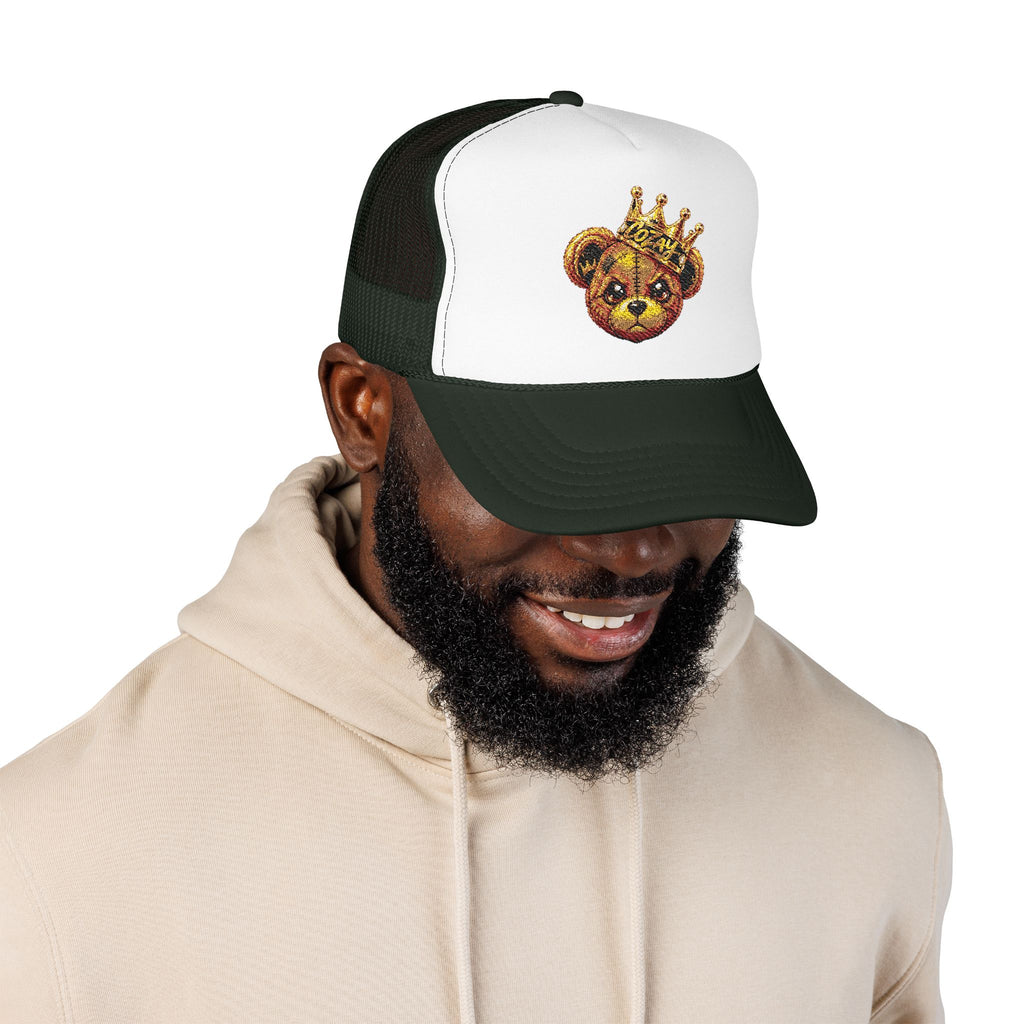 Crowned Teddy Bear Trucker Hat — Gold Sequin Bear Foam Cap