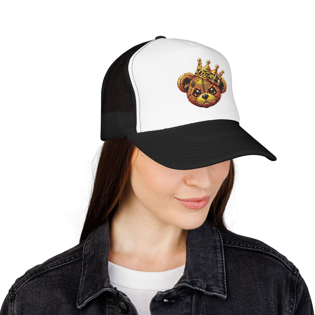 Crowned Teddy Bear Trucker Hat — Gold Sequin Bear Foam Cap