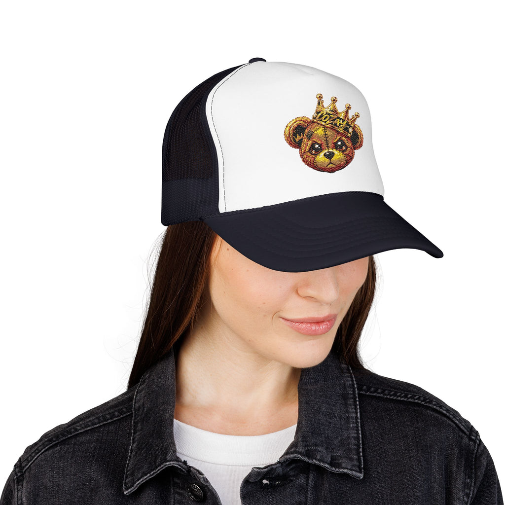 Crowned Teddy Bear Trucker Hat — Gold Sequin Bear Foam Cap