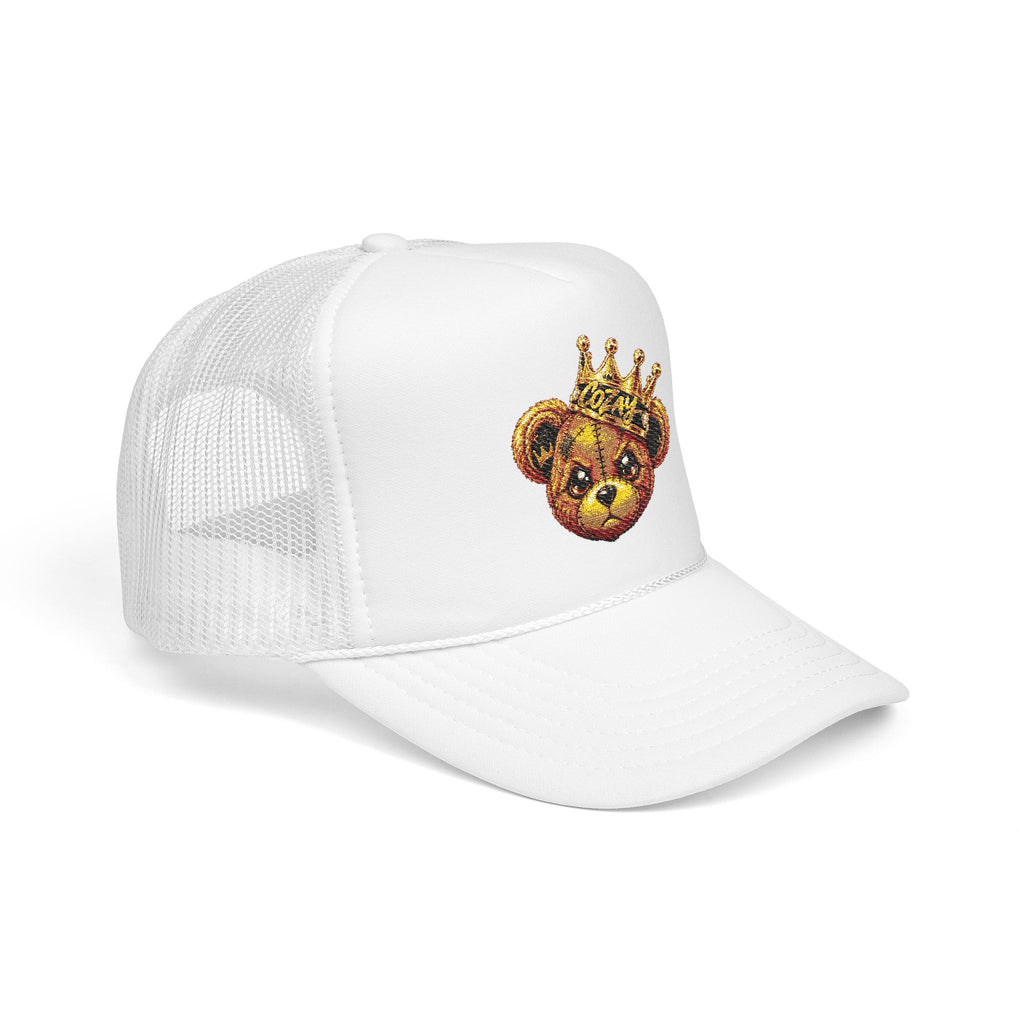 Crowned Teddy Bear Trucker Hat — Gold Sequin Bear Foam Cap