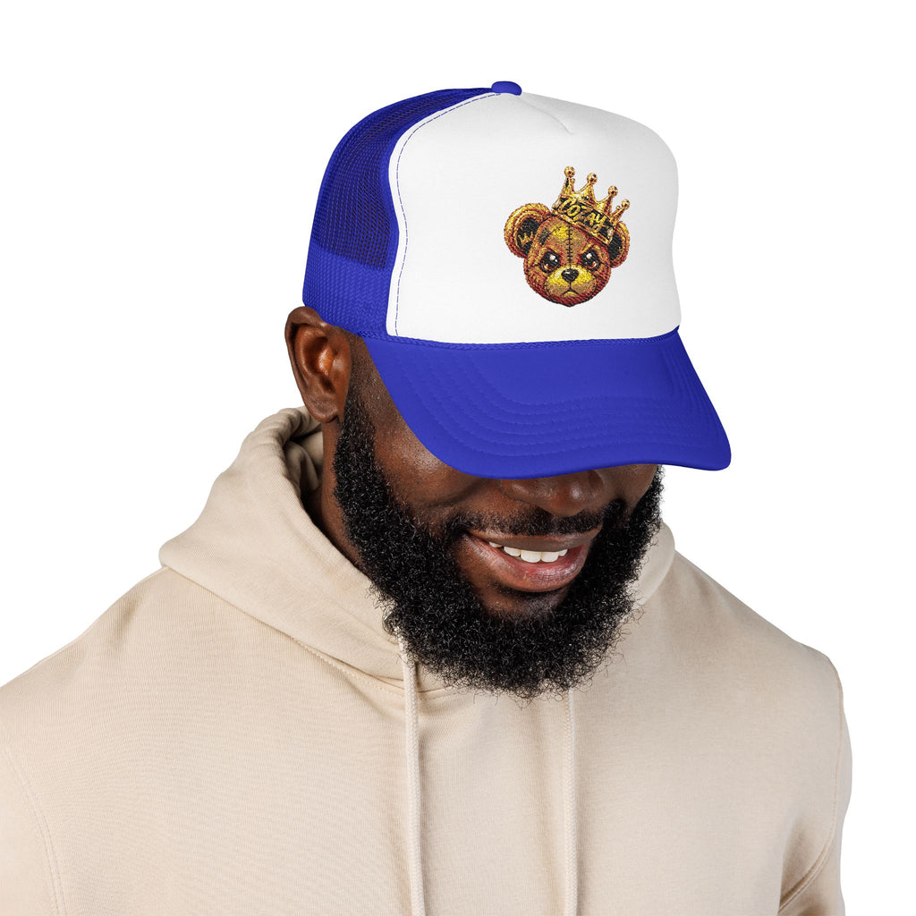 Crowned Teddy Bear Trucker Hat — Gold Sequin Bear Foam Cap