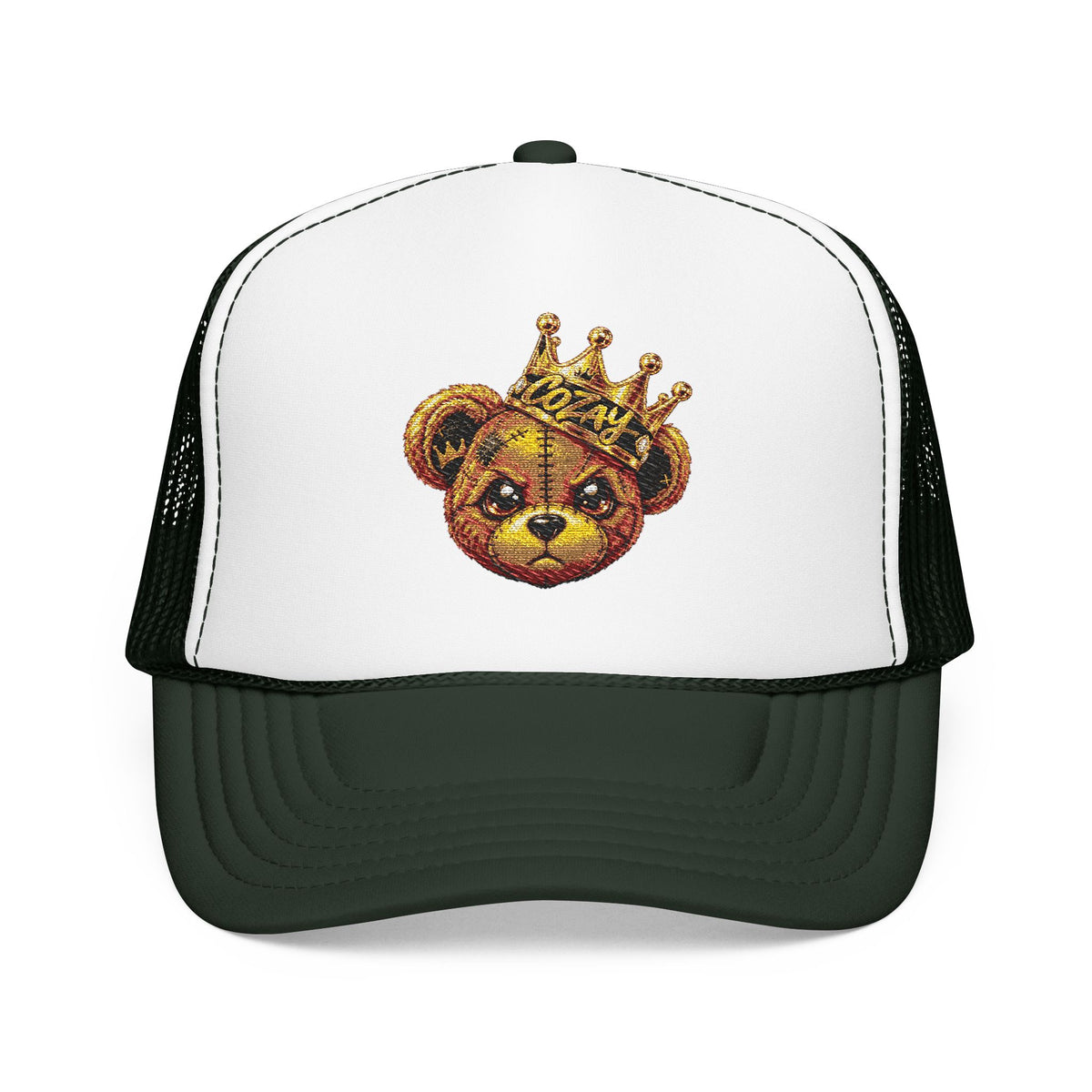 Crowned Teddy Bear Trucker Hat — Gold Sequin Bear Foam Cap