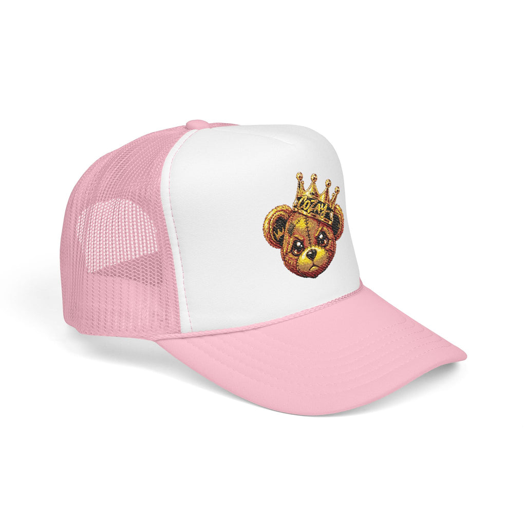 Crowned Teddy Bear Trucker Hat — Gold Sequin Bear Foam Cap