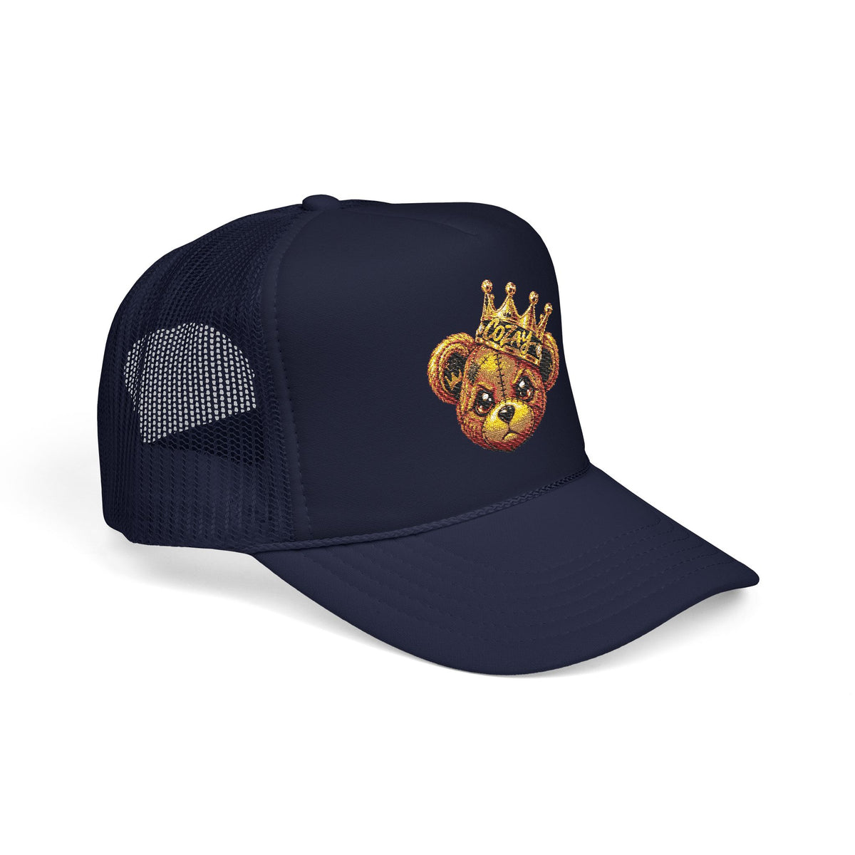 Crowned Teddy Bear Trucker Hat — Gold Sequin Bear Foam Cap