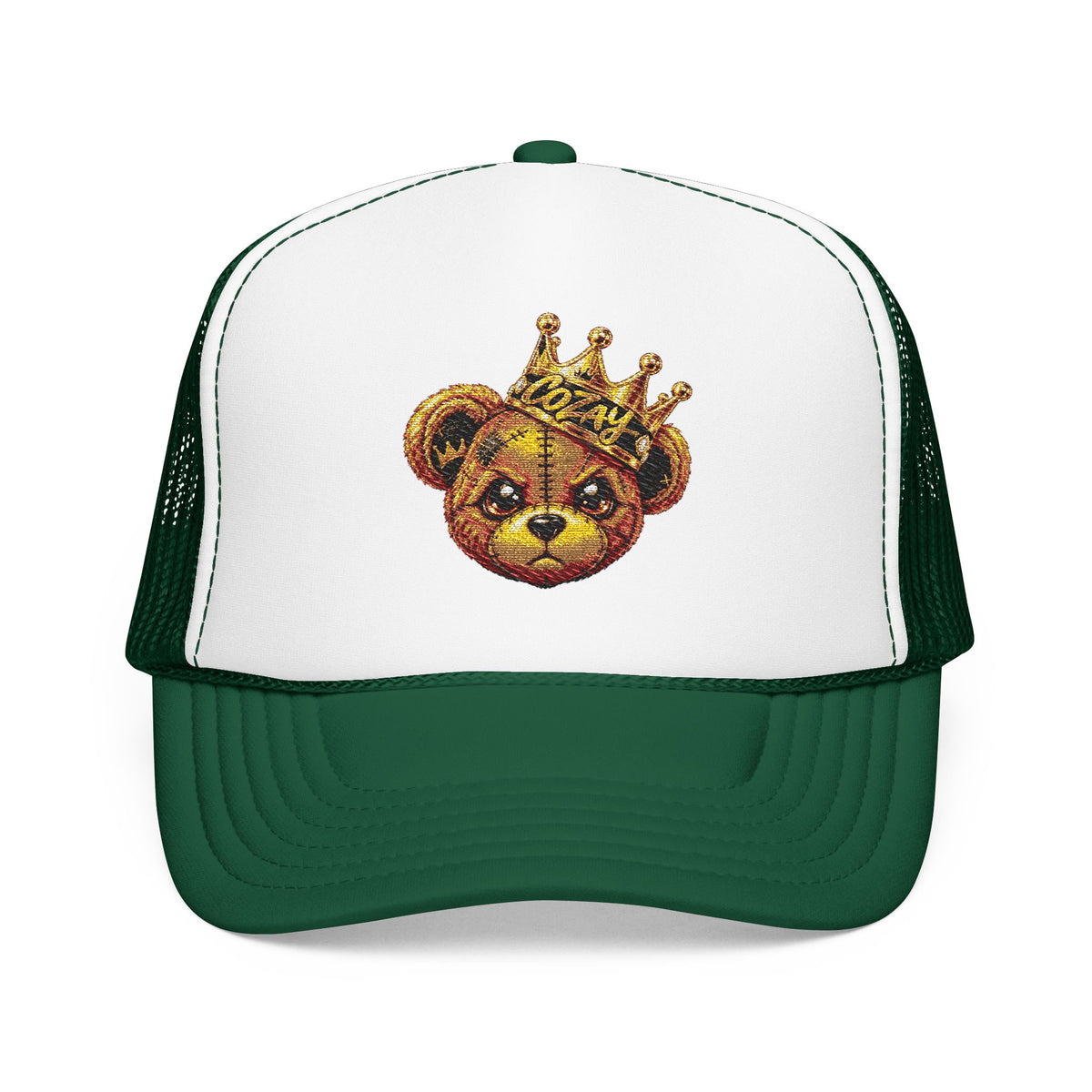Crowned Teddy Bear Trucker Hat — Gold Sequin Bear Foam Cap