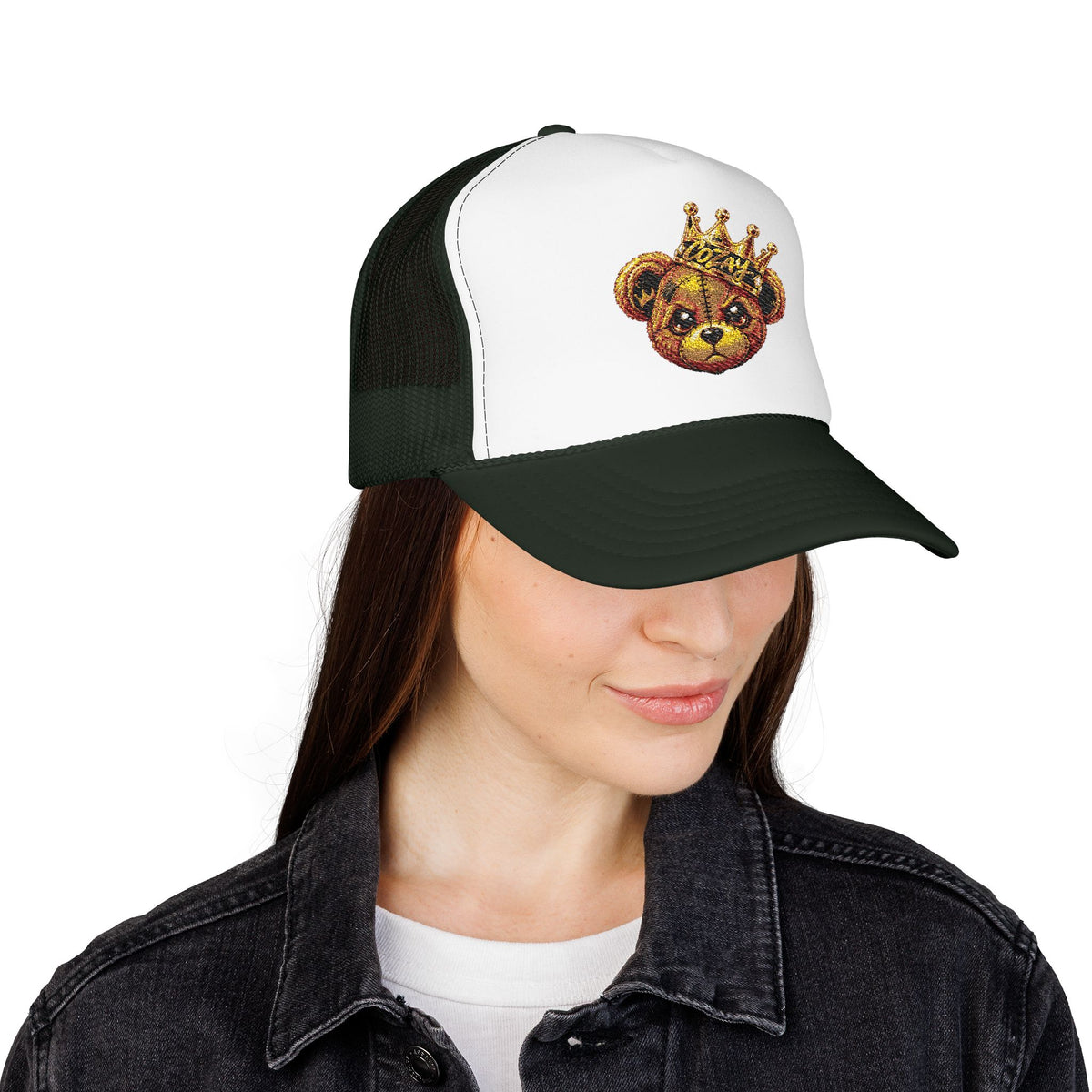 Crowned Teddy Bear Trucker Hat — Gold Sequin Bear Foam Cap