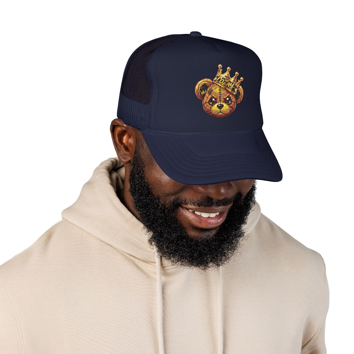 Crowned Teddy Bear Trucker Hat — Gold Sequin Bear Foam Cap