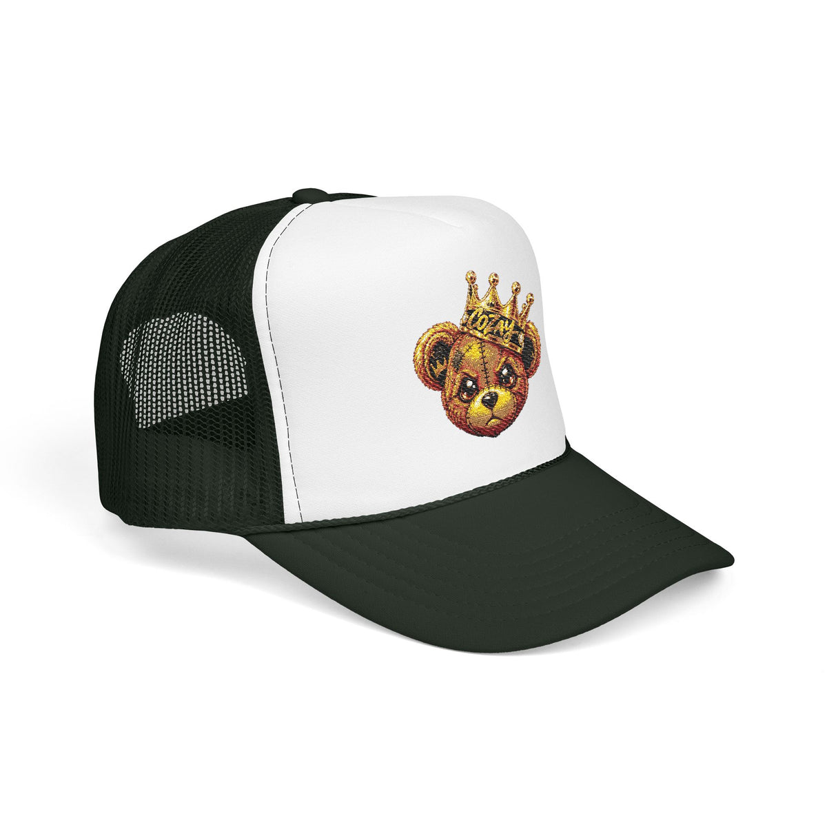 Crowned Teddy Bear Trucker Hat — Gold Sequin Bear Foam Cap