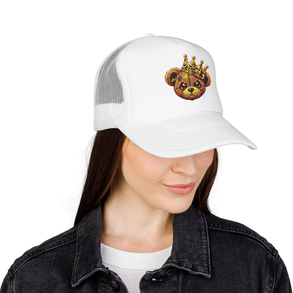 Crowned Teddy Bear Trucker Hat — Gold Sequin Bear Foam Cap