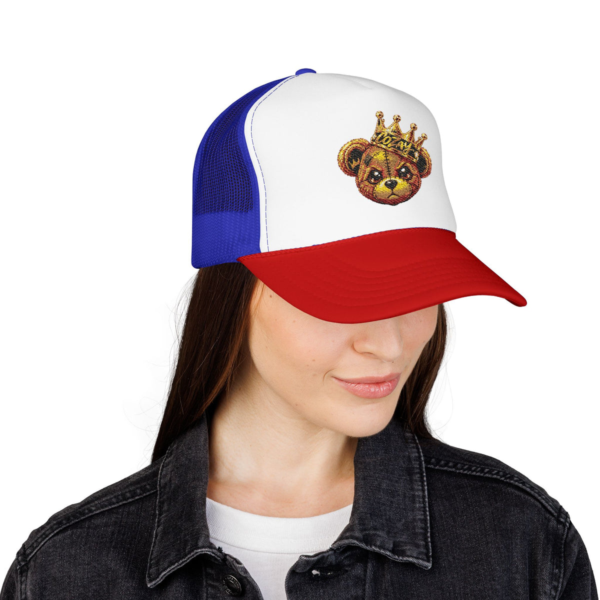 Crowned Teddy Bear Trucker Hat — Gold Sequin Bear Foam Cap