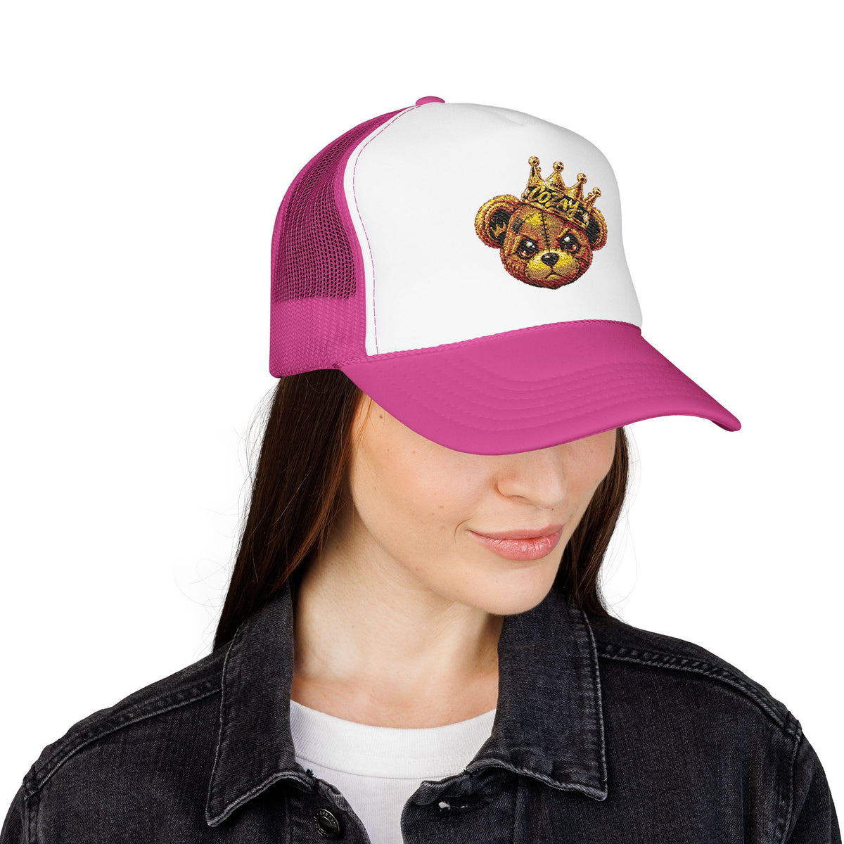 Crowned Teddy Bear Trucker Hat — Gold Sequin Bear Foam Cap