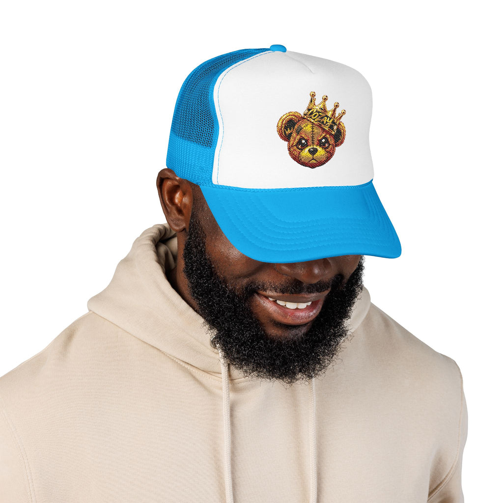 Crowned Teddy Bear Trucker Hat — Gold Sequin Bear Foam Cap