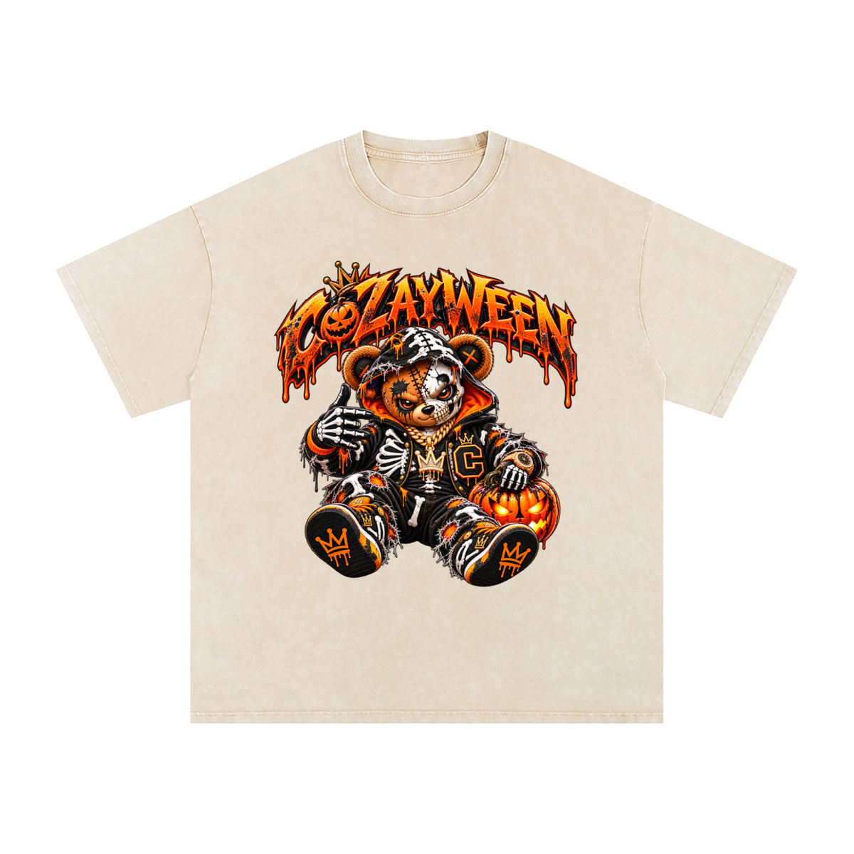 CoZayWeen Skeleton Snow Washed Oversized Cotton T-Shirt