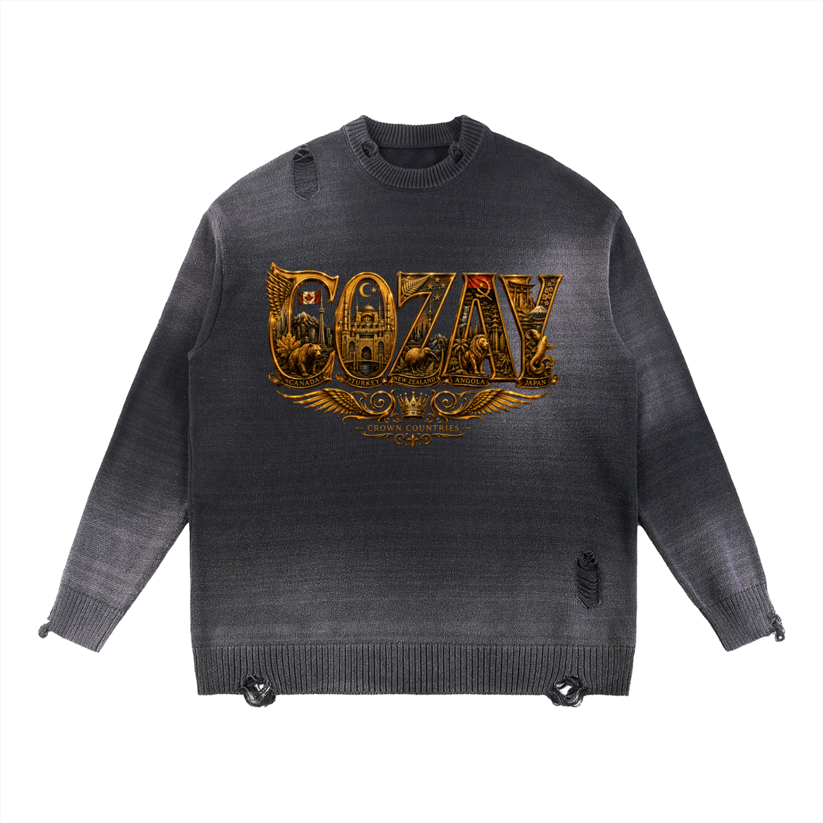 CoZay Crown Cities Sun Fade Distressed Ripped Crewneck sweater