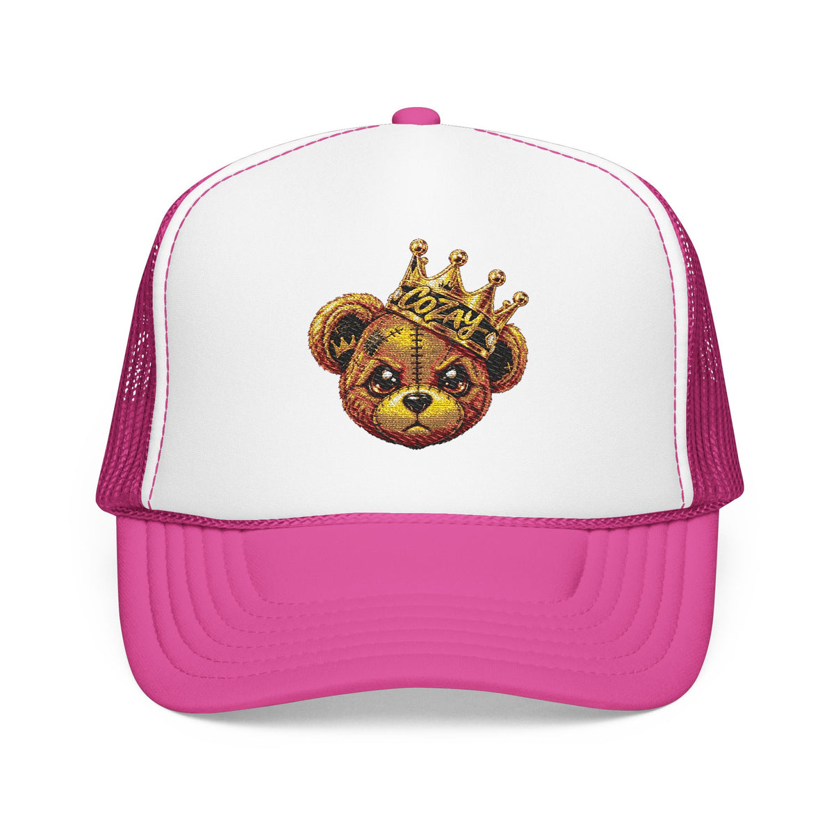 Crowned Teddy Bear Trucker Hat — Gold Sequin Bear Foam Cap
