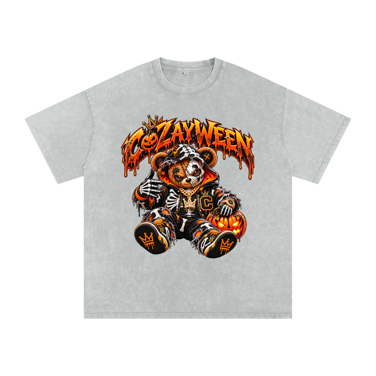CoZayWeen Skeleton Snow Washed Oversized Cotton T-Shirt