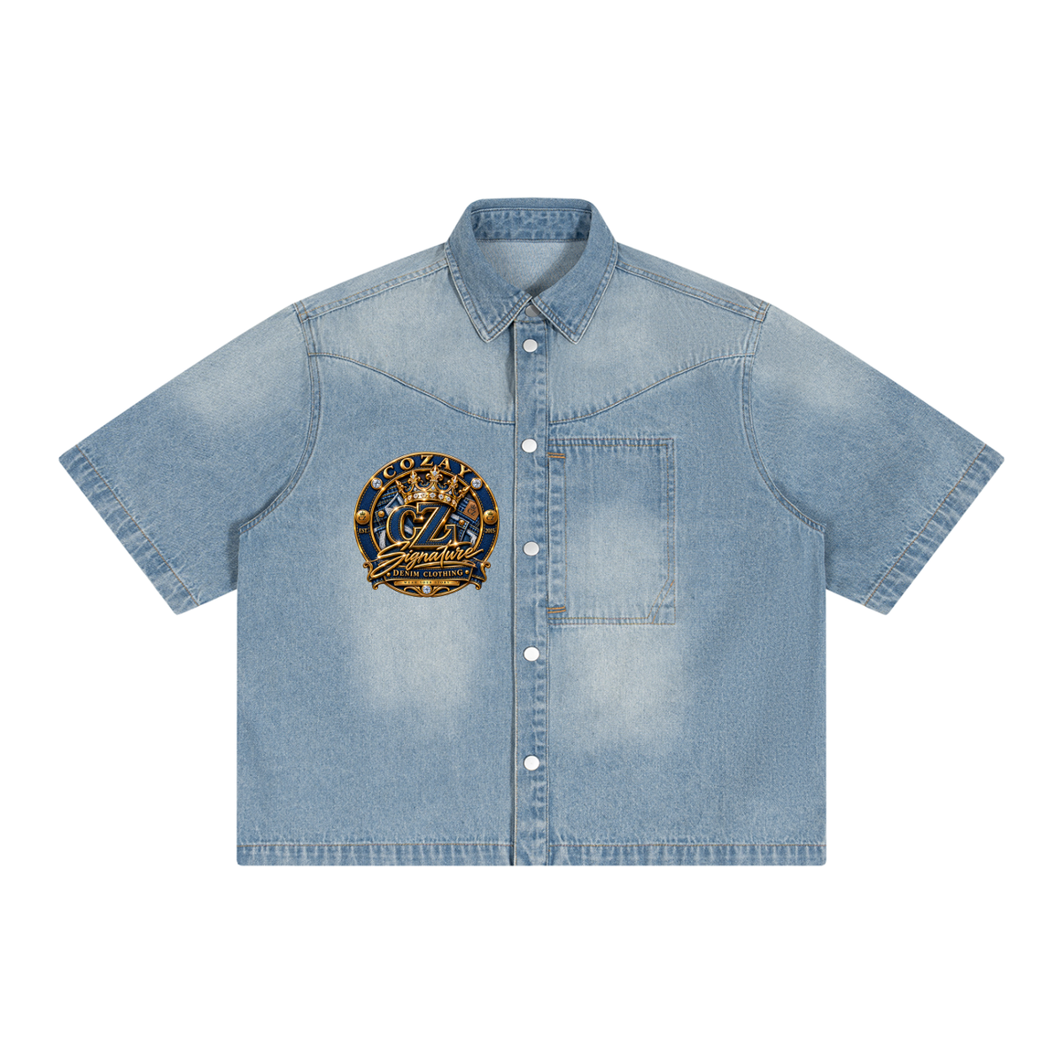 CoZay Signature Unisex Vintage Wash Boxy Short Denim Shirt