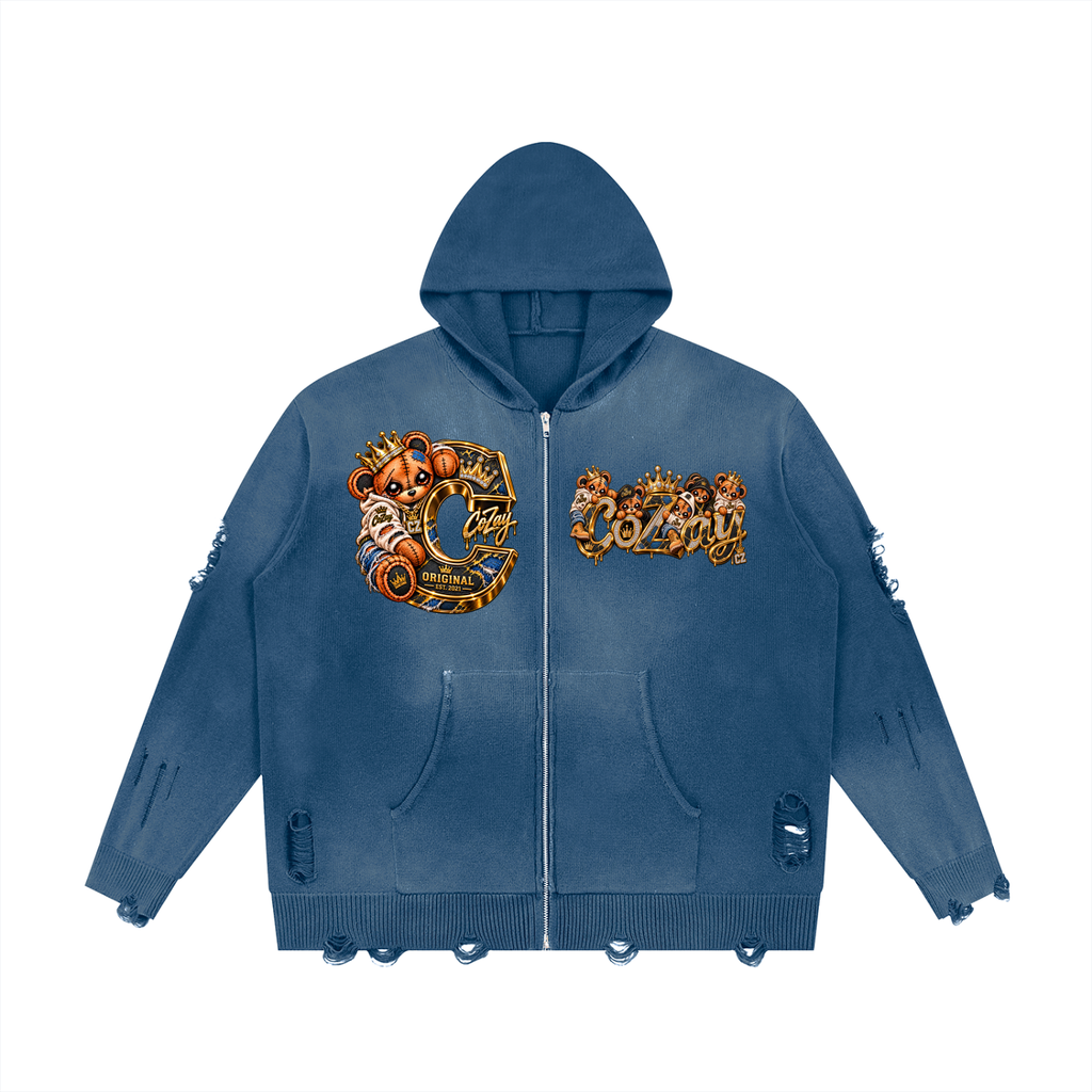 CoZay Original Unisex Distressed Full Zip Sweater