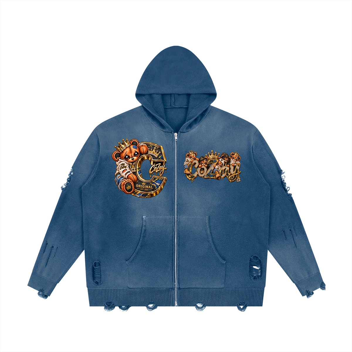 CoZay Original Unisex Distressed Full Zip Sweater