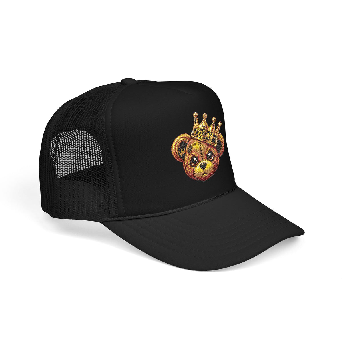 Crowned Teddy Bear Trucker Hat — Gold Sequin Bear Foam Cap