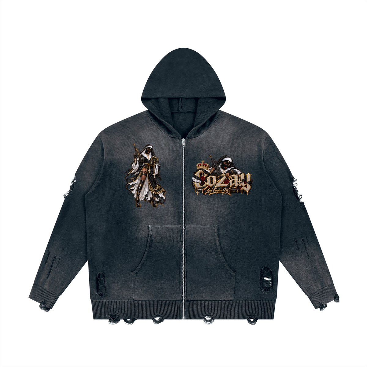 CoZay Original Unisex Distressed Full Zip Sweater