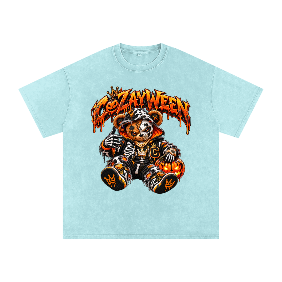 CoZayWeen Skeleton Snow Washed Oversized Cotton T-Shirt