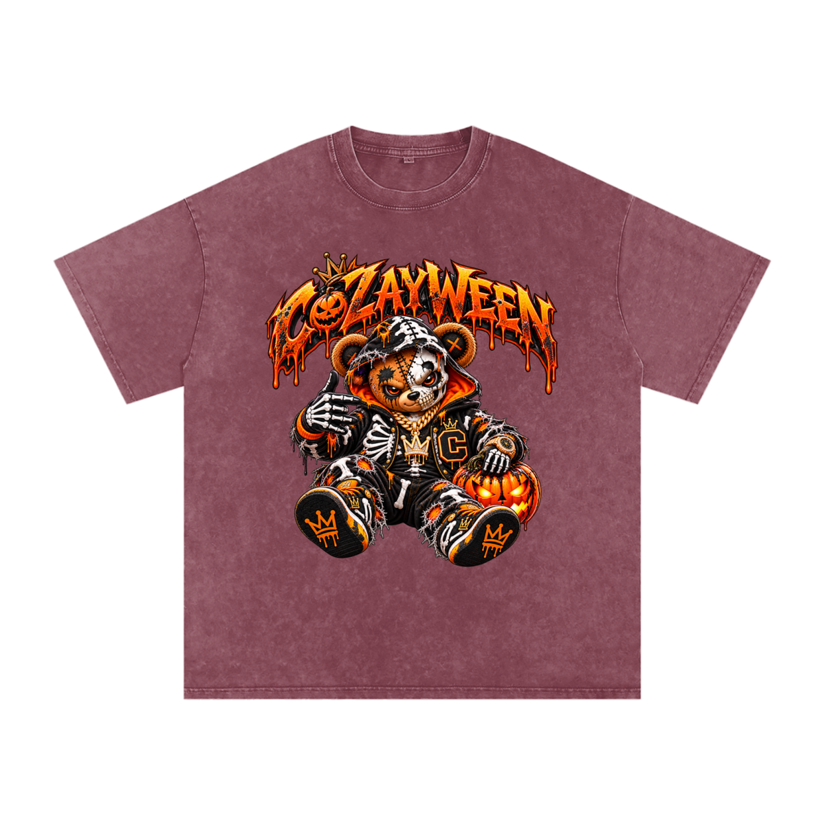 CoZayWeen Skeleton Snow Washed Oversized Cotton T-Shirt