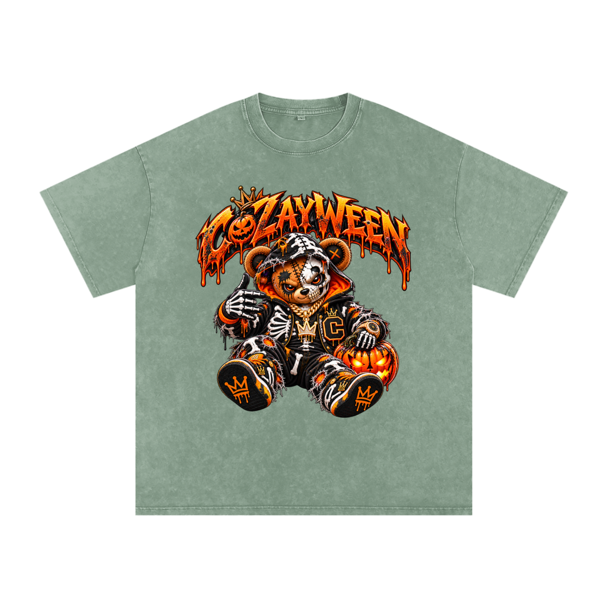 CoZayWeen Skeleton Snow Washed Oversized Cotton T-Shirt