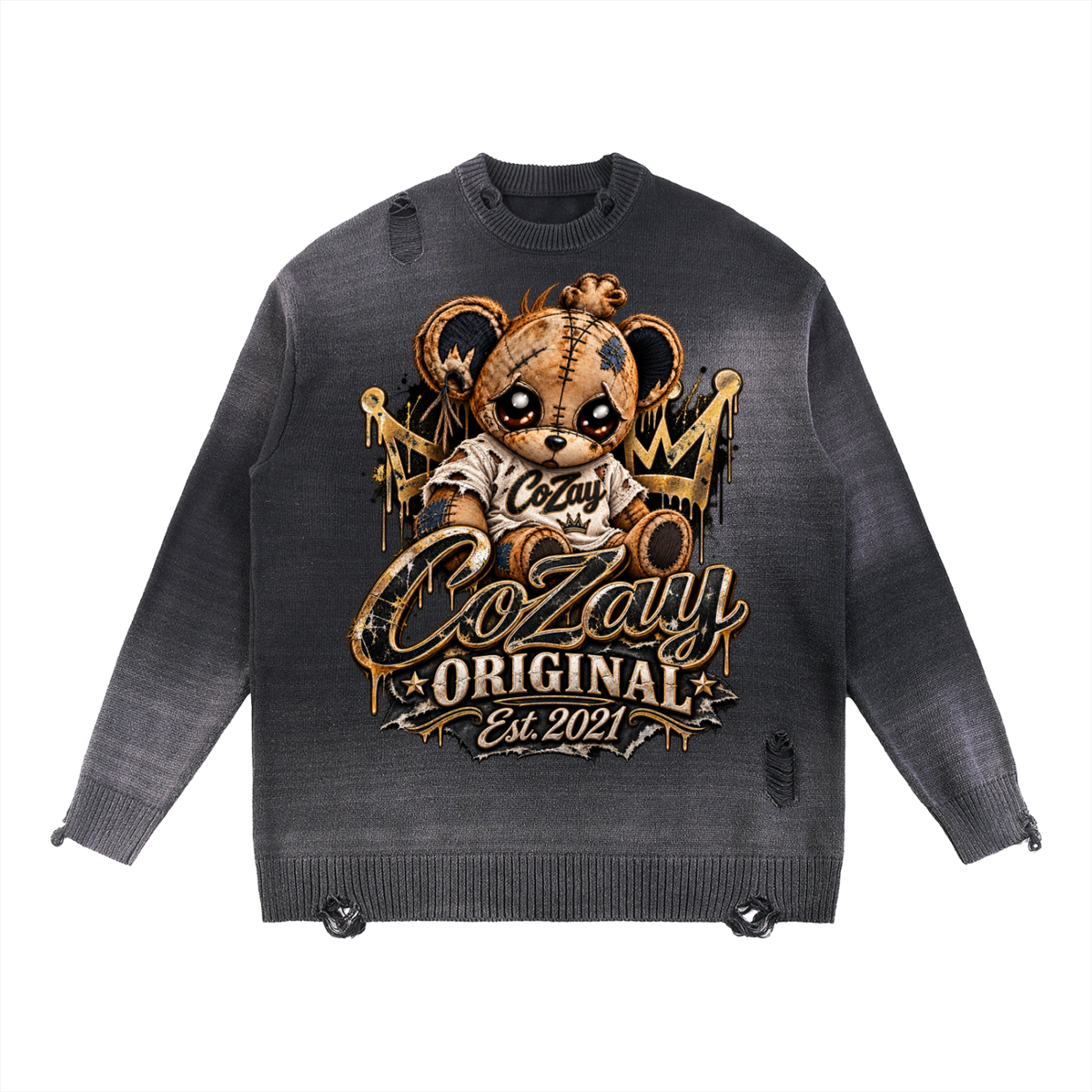 COZAY ORIGINAL Sun Fade Distressed Ripped Crewneck sweater