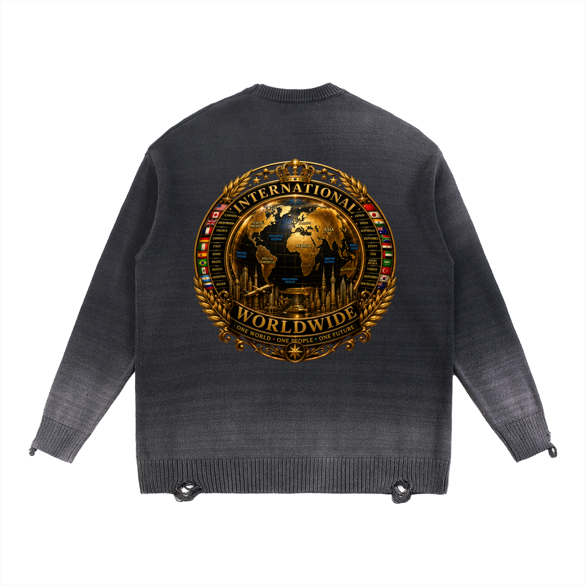 CoZay Crown Cities Sun Fade Distressed Ripped Crewneck sweater