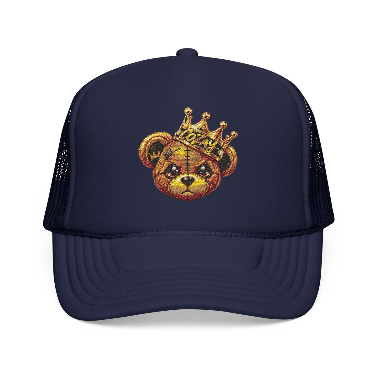 Crowned Teddy Bear Trucker Hat — Gold Sequin Bear Foam Cap