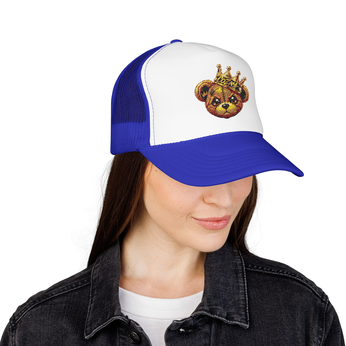 Crowned Teddy Bear Trucker Hat — Gold Sequin Bear Foam Cap