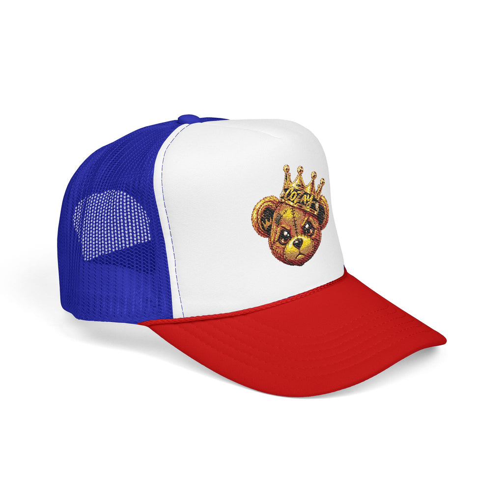 Crowned Teddy Bear Trucker Hat — Gold Sequin Bear Foam Cap