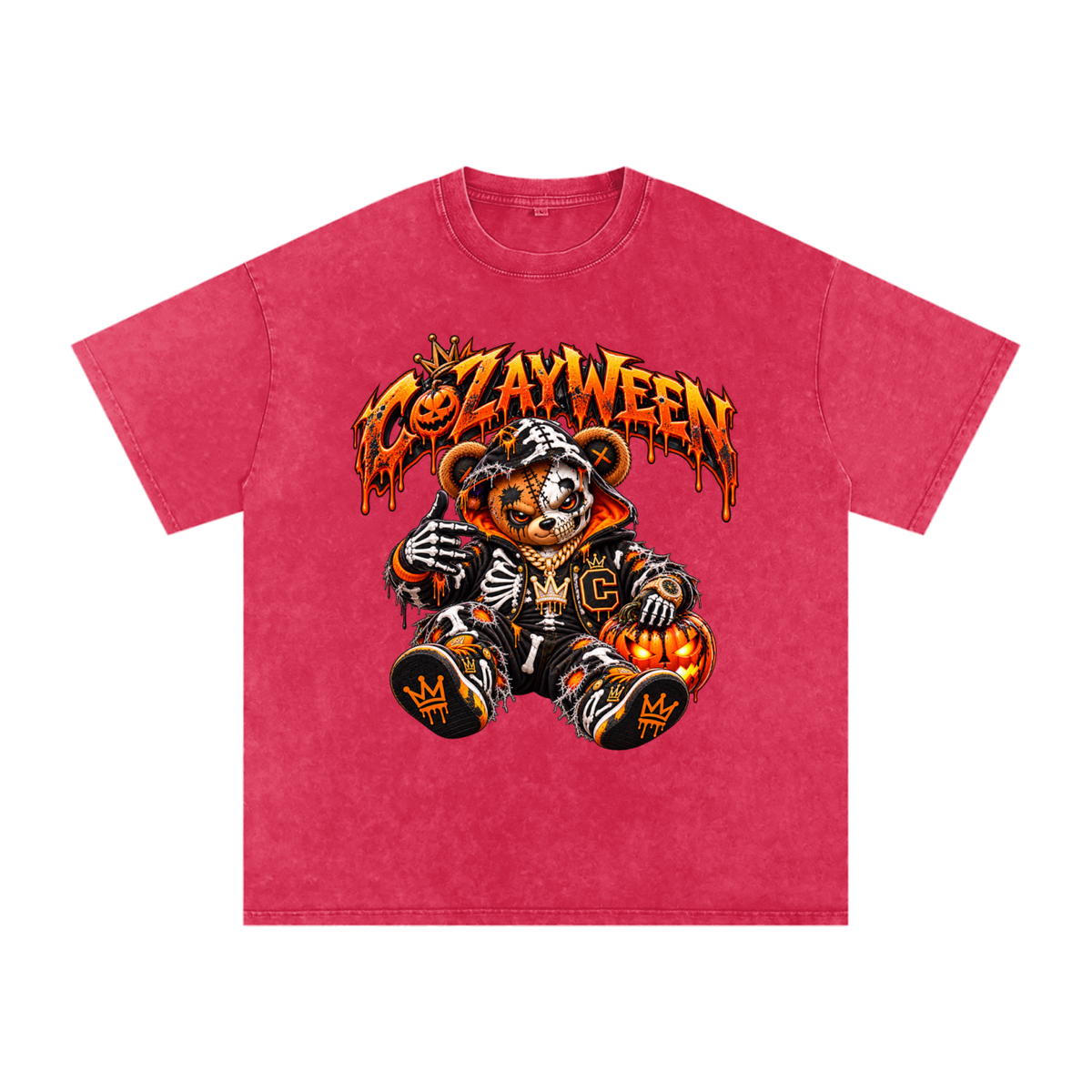 CoZayWeen Skeleton Snow Washed Oversized Cotton T-Shirt