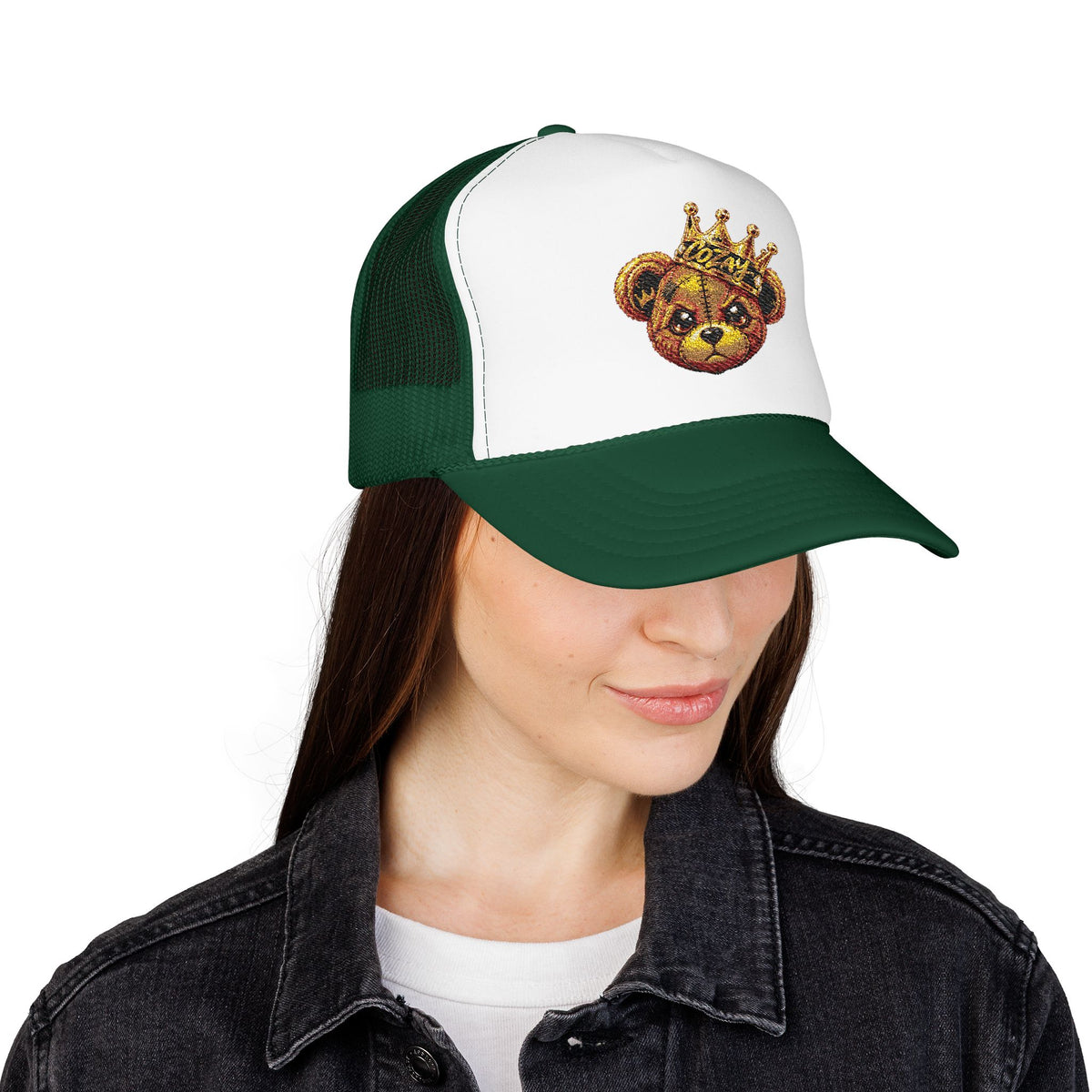 Crowned Teddy Bear Trucker Hat — Gold Sequin Bear Foam Cap