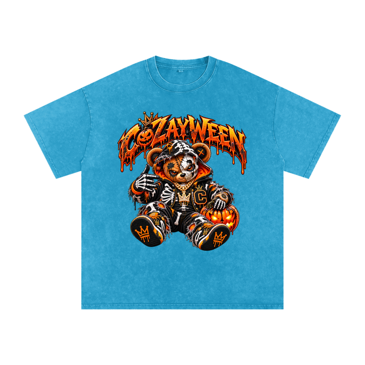 CoZayWeen Skeleton Snow Washed Oversized Cotton T-Shirt
