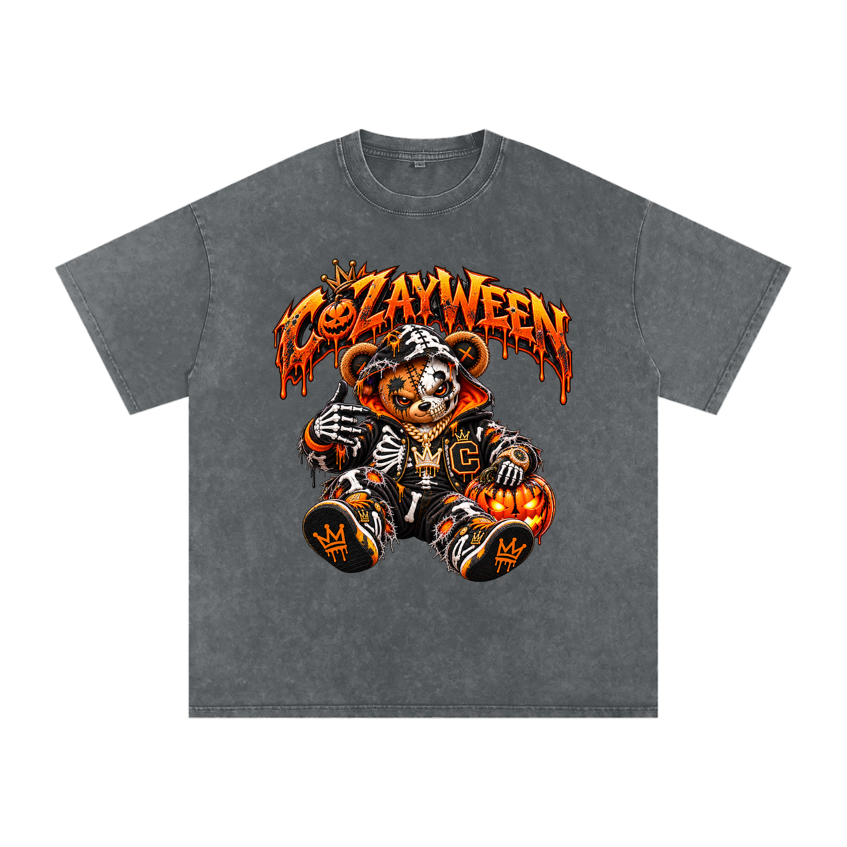CoZayWeen Skeleton Snow Washed Oversized Cotton T-Shirt