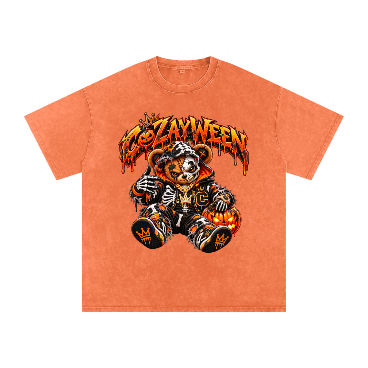 CoZayWeen Skeleton Snow Washed Oversized Cotton T-Shirt