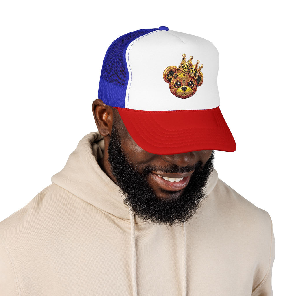 Crowned Teddy Bear Trucker Hat — Gold Sequin Bear Foam Cap